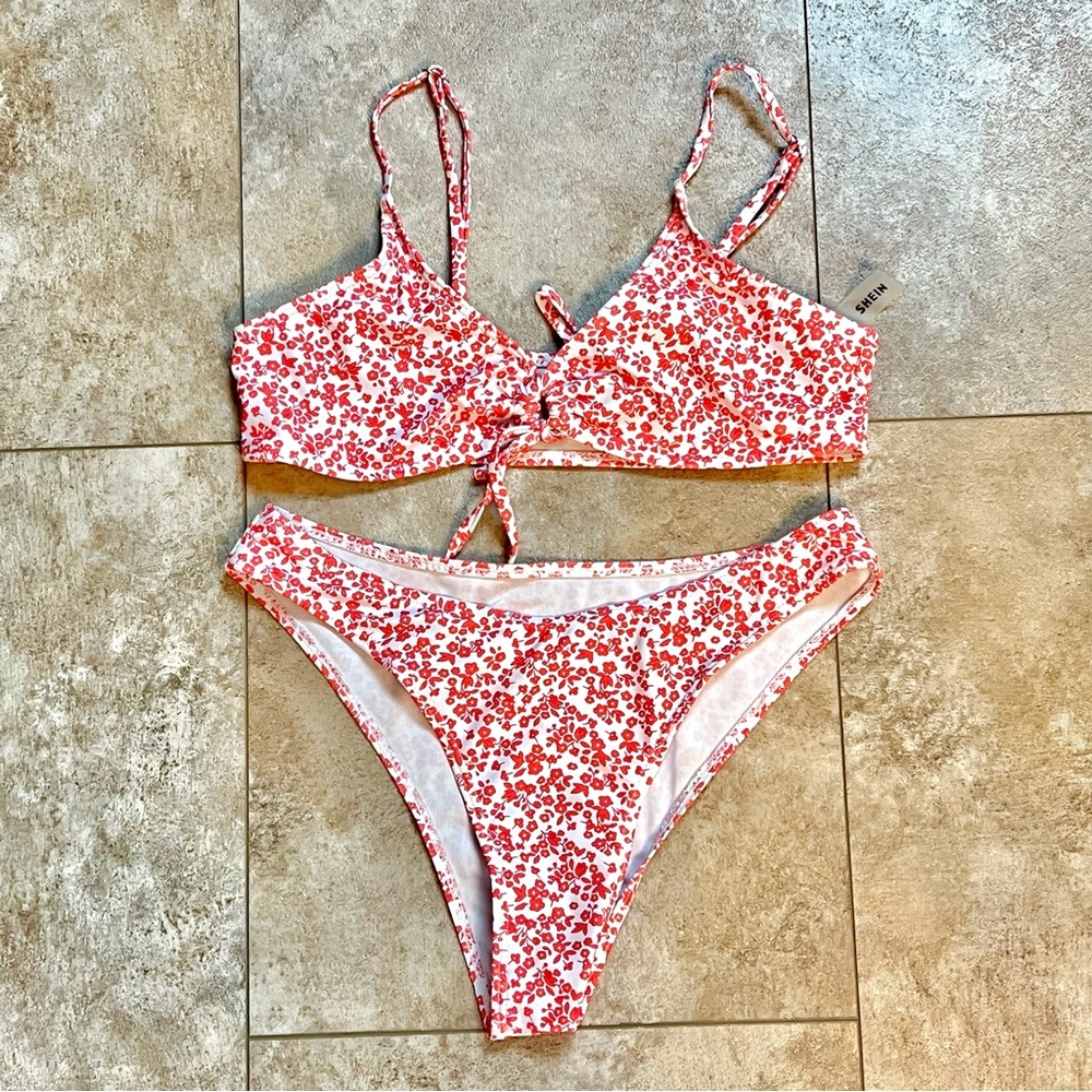 Floral Red and White Bikini Set